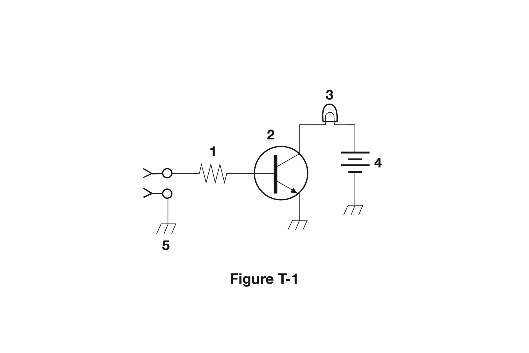 Figure T-1 from the official question pool: a schematic diagram of a small electronic circuit with parts numbered 1 through 5.