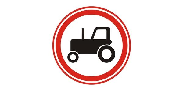 Image: red-edged white circle with a black tractor seen from the side, one large wheel and one small wheel.