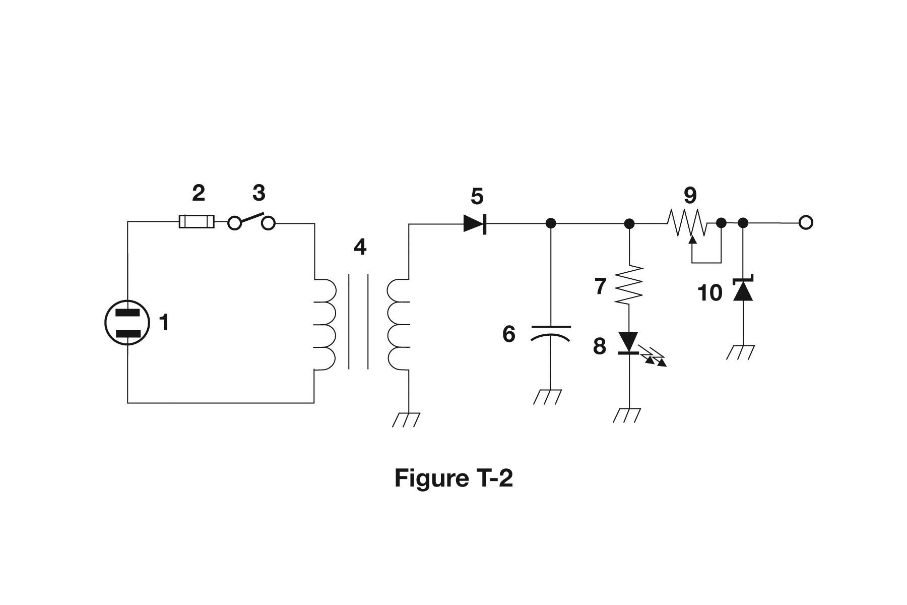 Figure T-2 from the official question pool: a schematic diagram of an electronic circuit with parts numbered 1 through 10.