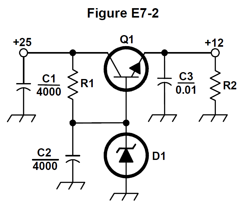Schematic of a circuit with transistor Q1, diode D1, resistors R1 and R2, and capacitors C1, C2, and C3 between a labeled supply input and output.