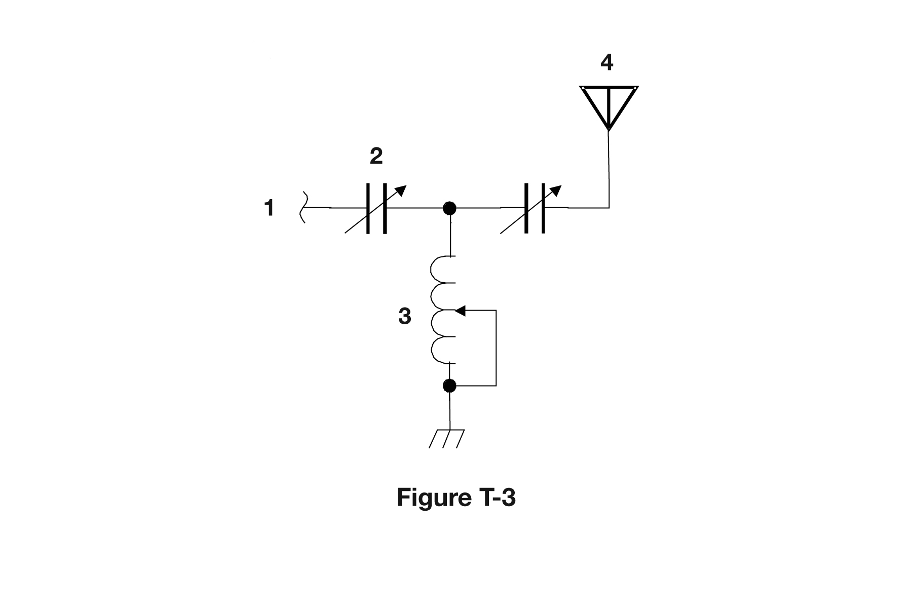 Figure T-3 from the official question pool: a schematic diagram of an electronic circuit with parts numbered 1 through 4.