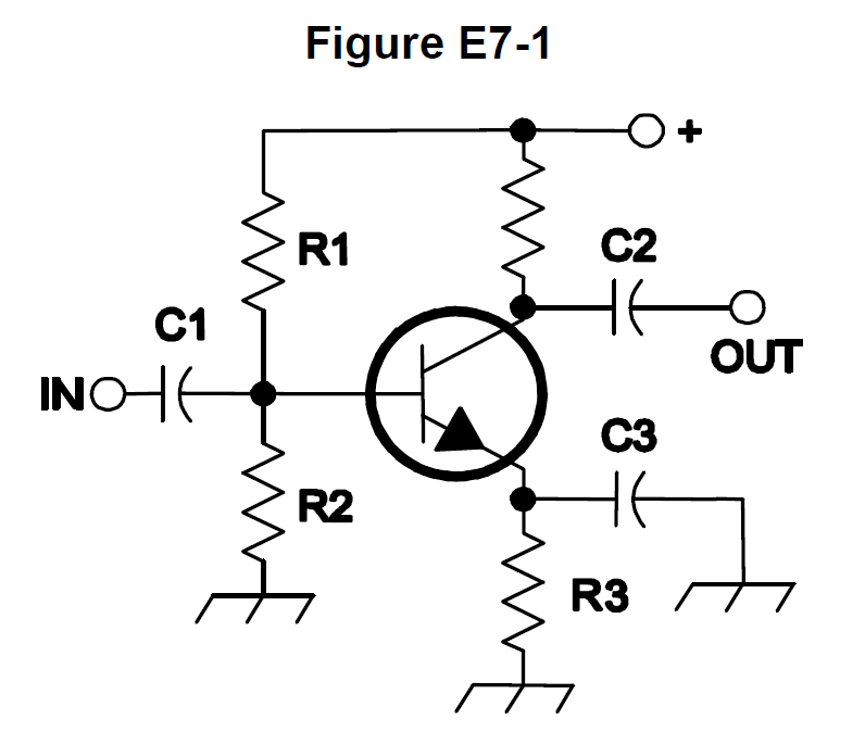 Schematic of a transistor stage with resistors R1, R2, R3, capacitors C1, C2, C3, an input terminal, and an output terminal.