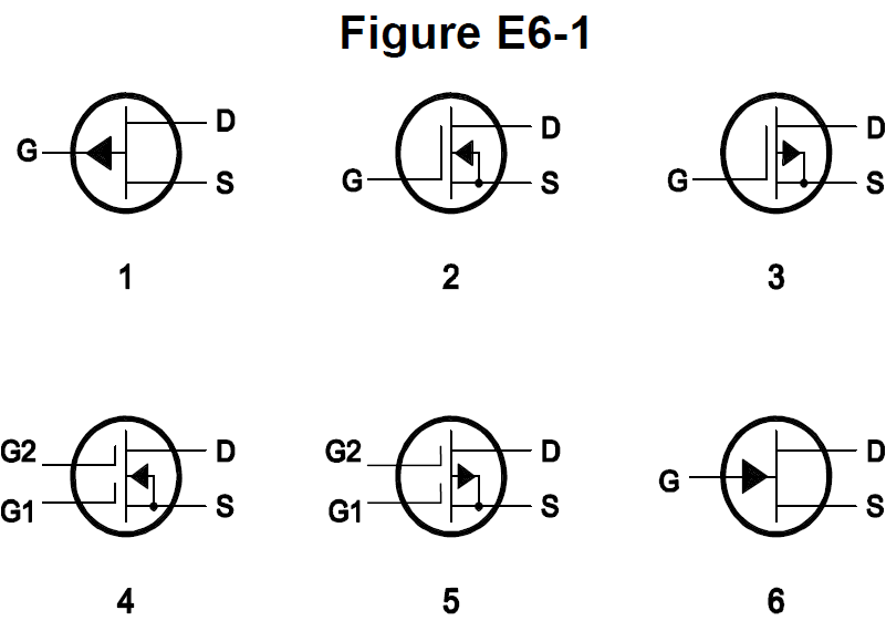 Six circular schematic symbols of semiconductor devices, numbered 1 through 6.
