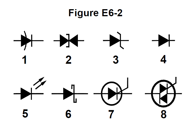 Eight schematic symbols of small semiconductor devices, numbered 1 through 8.