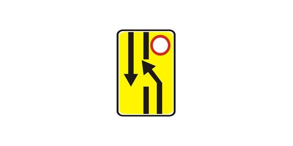 Image: tall yellow rectangle with parallel black lines, one downward arrow, one arrow bending up-left and a small empty red-edged circle at the upper right.