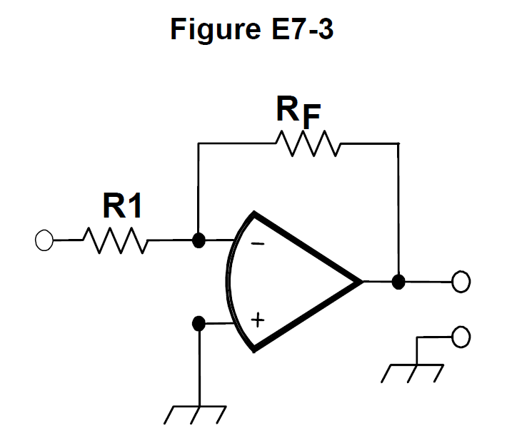 Schematic of a circuit with a triangular three-terminal component, resistor R1 at the input, and resistor RF connecting output to input.
