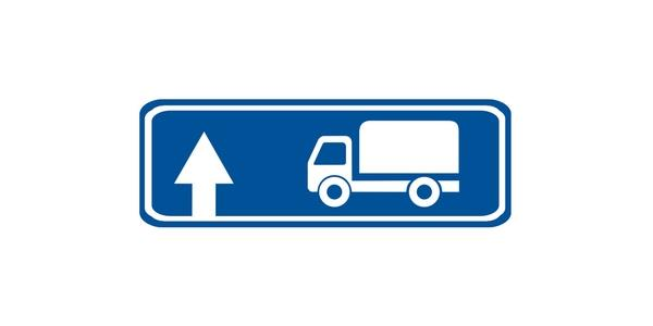 Image: rounded blue rectangle with an upward white arrow beside a white truck seen from the side.